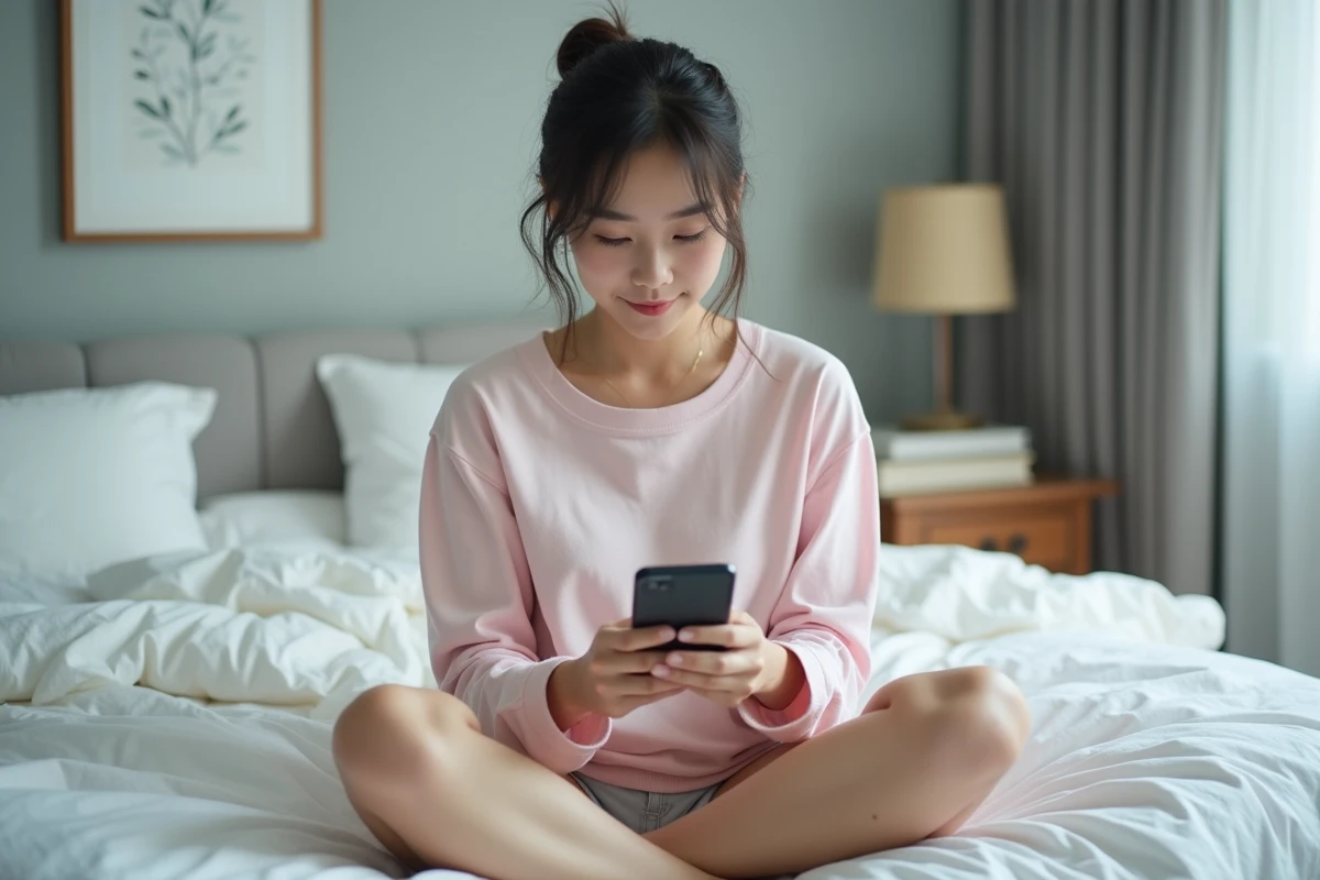 Jeune femme consultant un site de scan yaoi en français sur smartphone dans une chambre