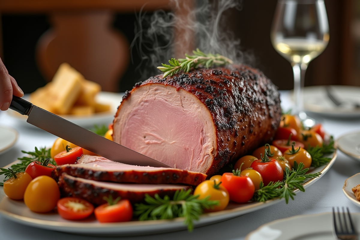 Part de rôti de porc servie à table avec légumes colorés