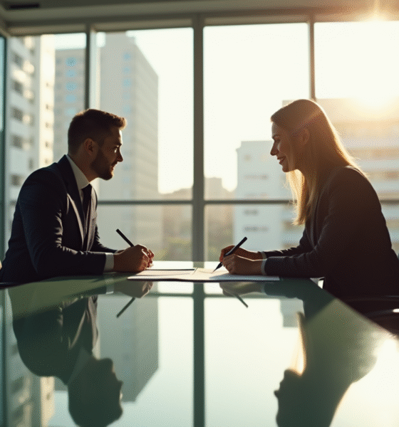 Deux personnes signant un contrat dans un bureau lumineux