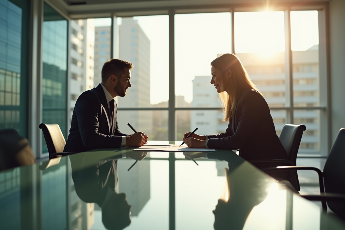 Deux personnes signant un contrat dans un bureau lumineux