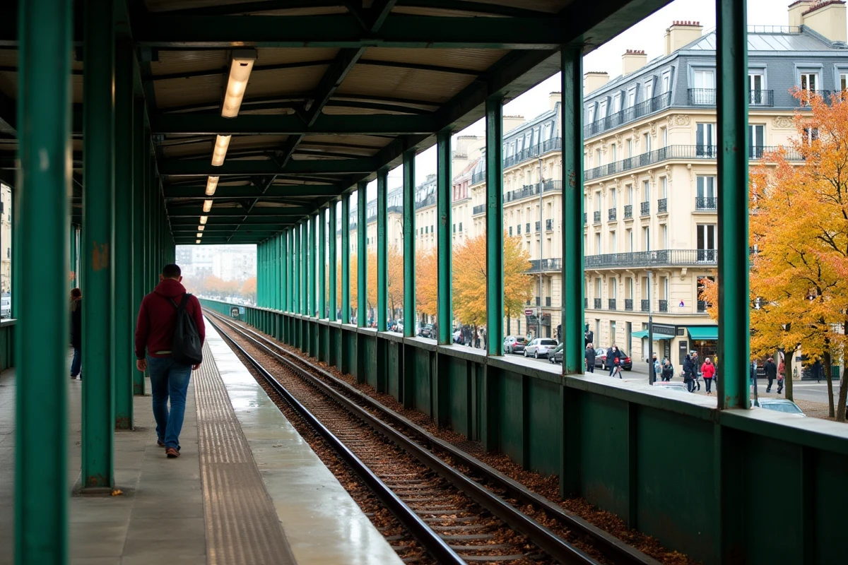 Station aérienne de la ligne 6 du métro parisien sur viaduc avec vue sur les immeubles haussmanniens