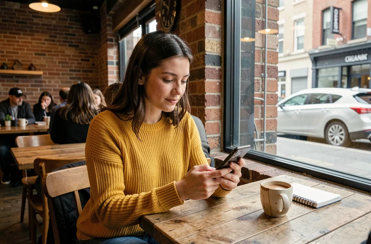Jeune femme contactant le support client AliExpress via son smartphone dans un café urbain animé