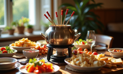 Table de fête avec fondue bourguignonne et sauces colorées