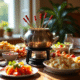 Table de fête avec fondue bourguignonne et sauces colorées