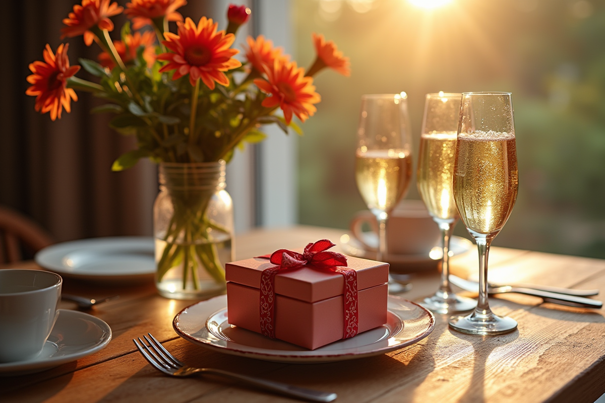 Table en bois avec idées cadeaux anniversaire fleurs bijoux champagne