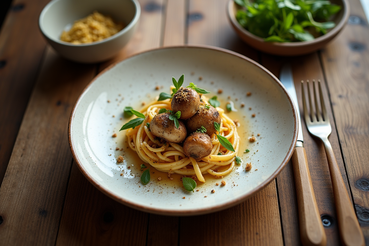 Table en bois avec un plat de girolles prêtes à servir