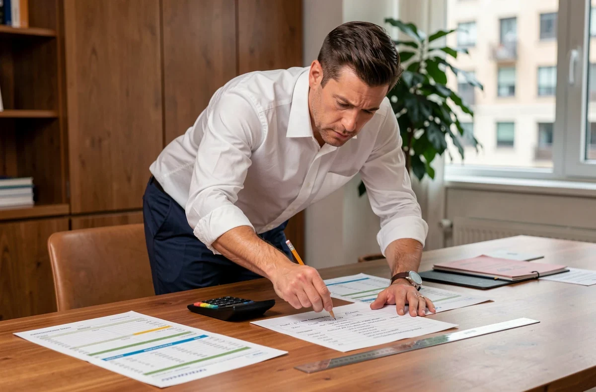 Comptable masculin analysant un tableau de conversion des centièmes d'heure sur des feuilles imprimées