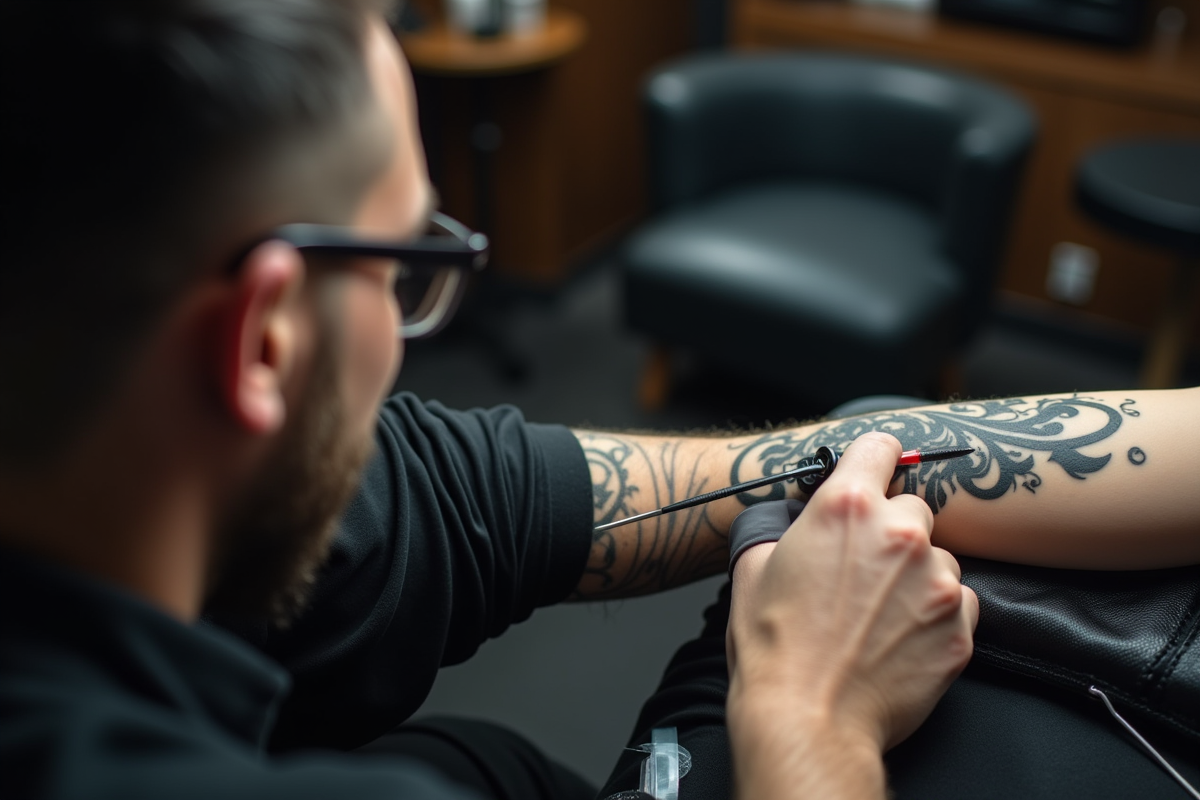 Tatoueur appliquant un tatouage tribal noir sur le bras