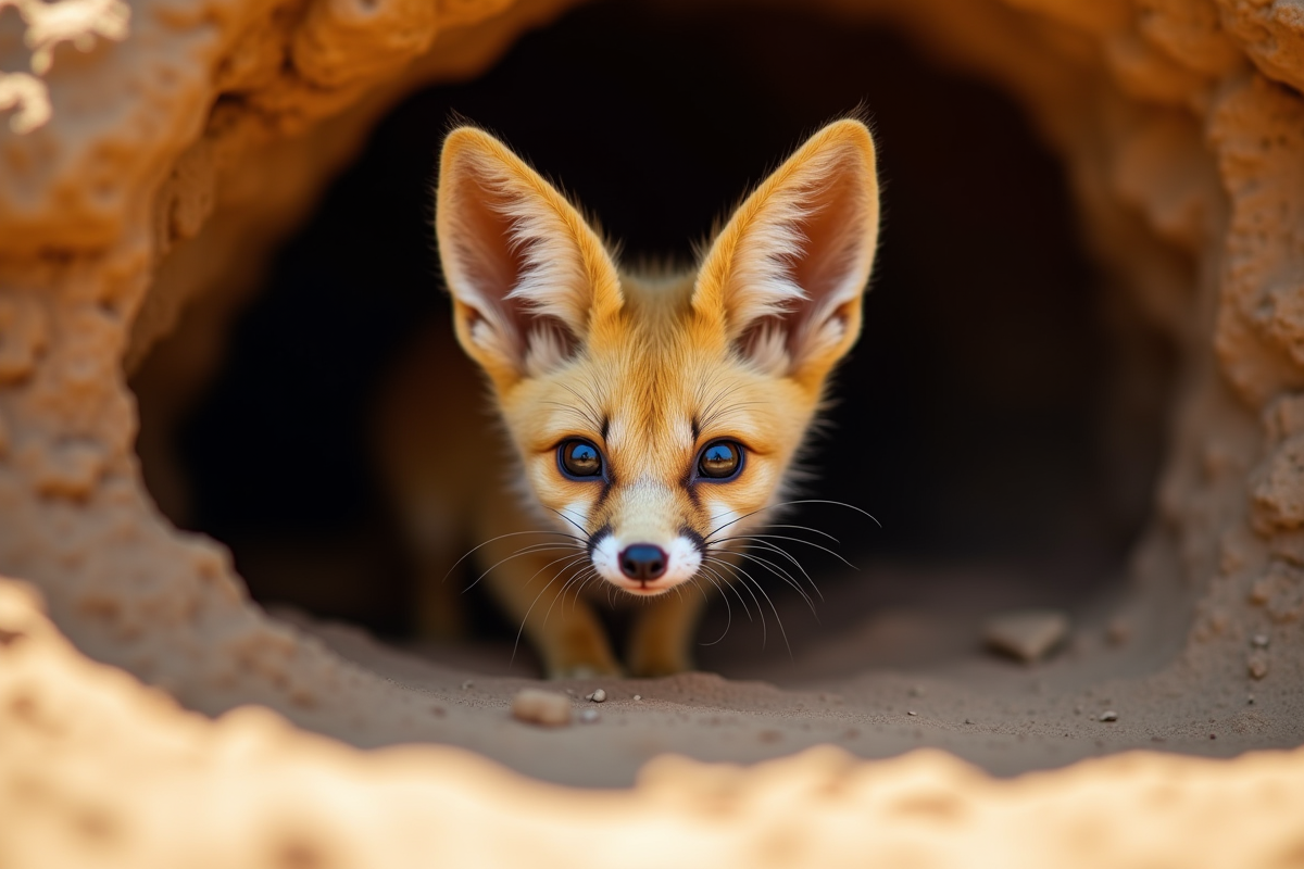 Tête de fennec en gros plan sortant de sa tanière