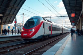 Train SNCF à grande vitesse dans une gare animée