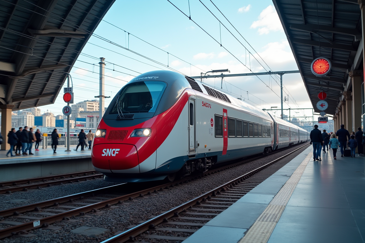 Train SNCF à grande vitesse dans une gare animée