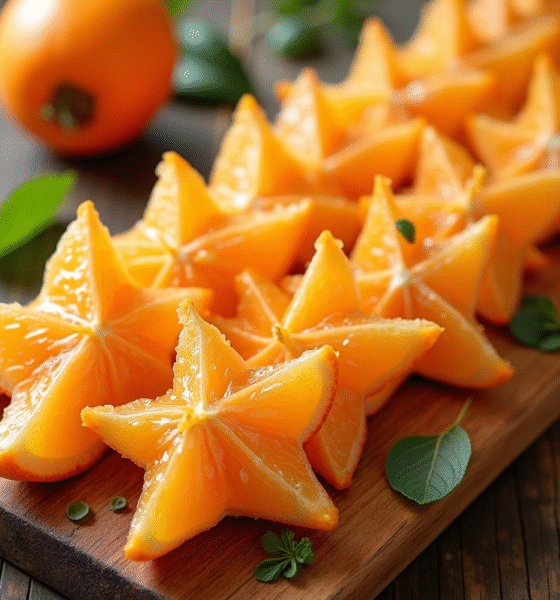 Fruits de starfruit tranchés artistiquement sur une planche en bois
