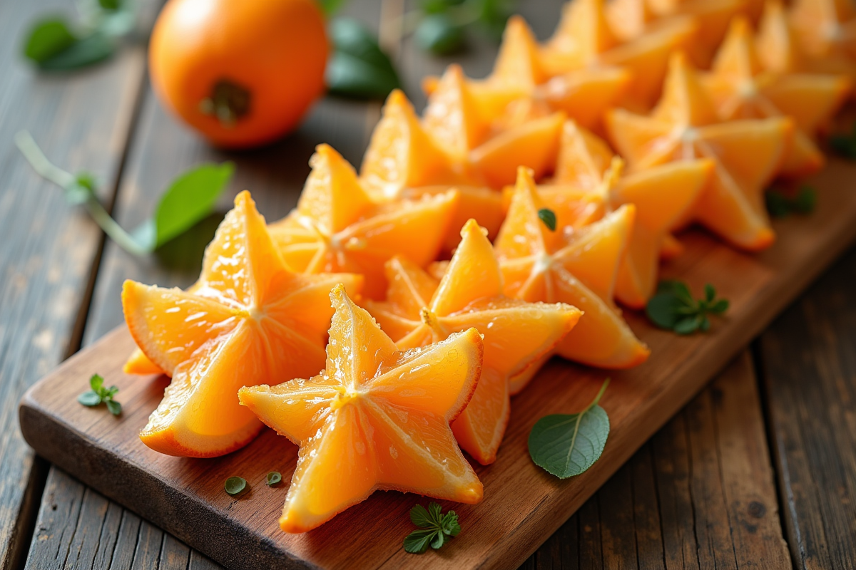 Fruits de starfruit tranchés artistiquement sur une planche en bois