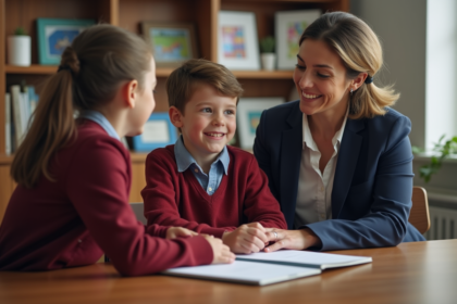 Travailleuse sociale parlant avec un enfant dans un bureau