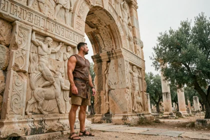 Homme contemplatif devant une arche de pierre antique gravée de motifs mythologiques grecs, évoquant les 12 travaux d'Hercule
