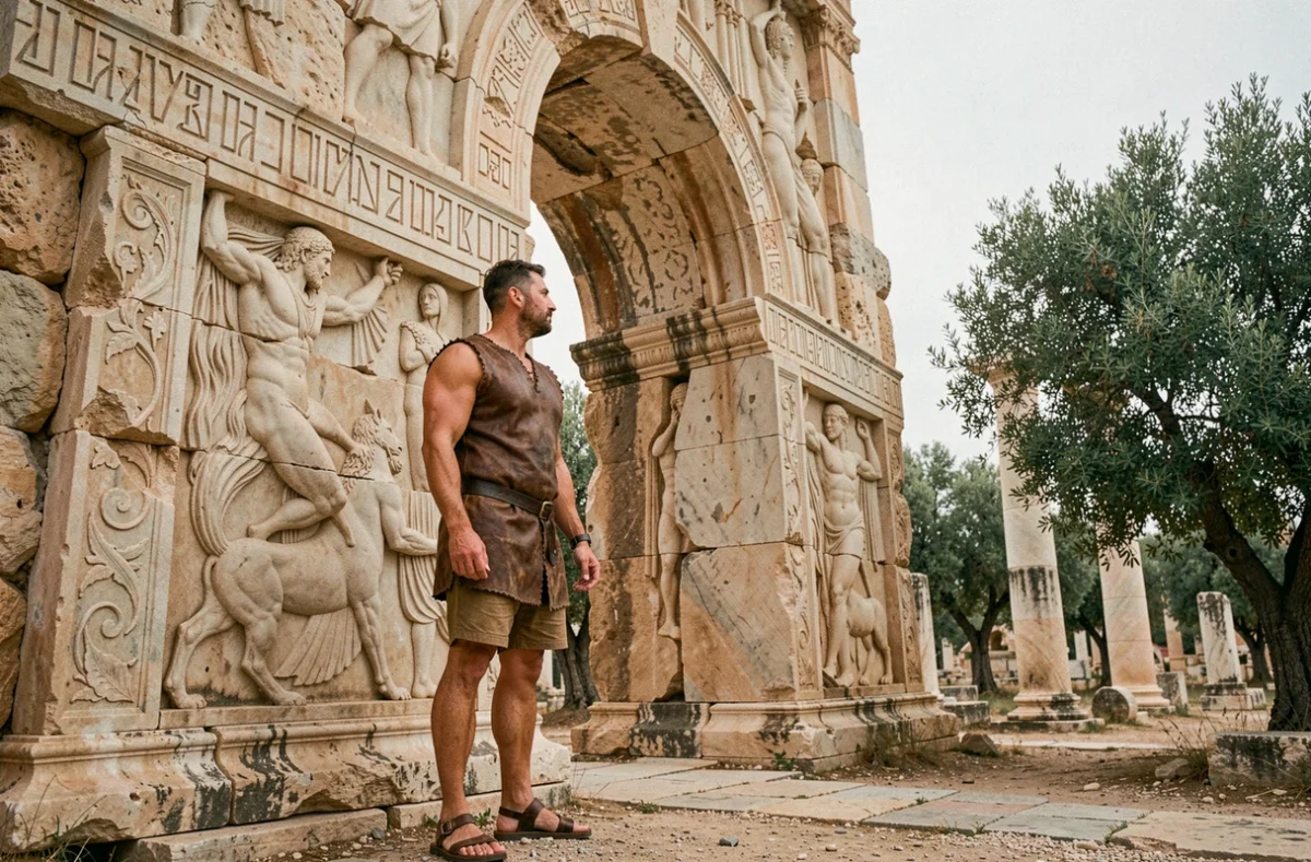 Homme contemplatif devant une arche de pierre antique gravée de motifs mythologiques grecs, évoquant les 12 travaux d'Hercule