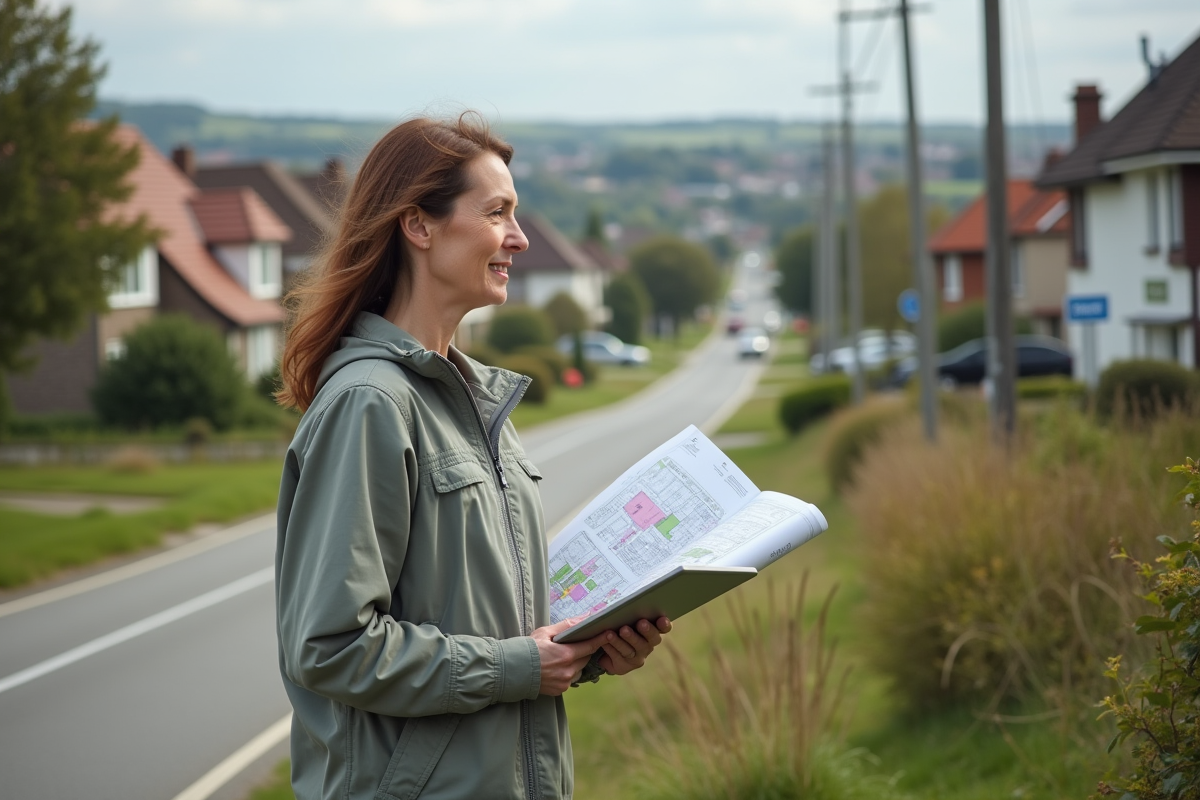 Urbaniste avec carte zonage dans paysage suburbain