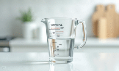 Verre mesure eau de 150 ml sur plan de travail blanc