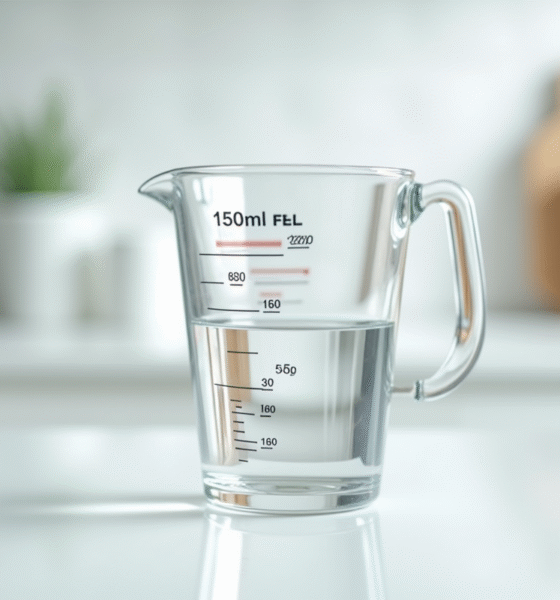 Verre mesure eau de 150 ml sur plan de travail blanc