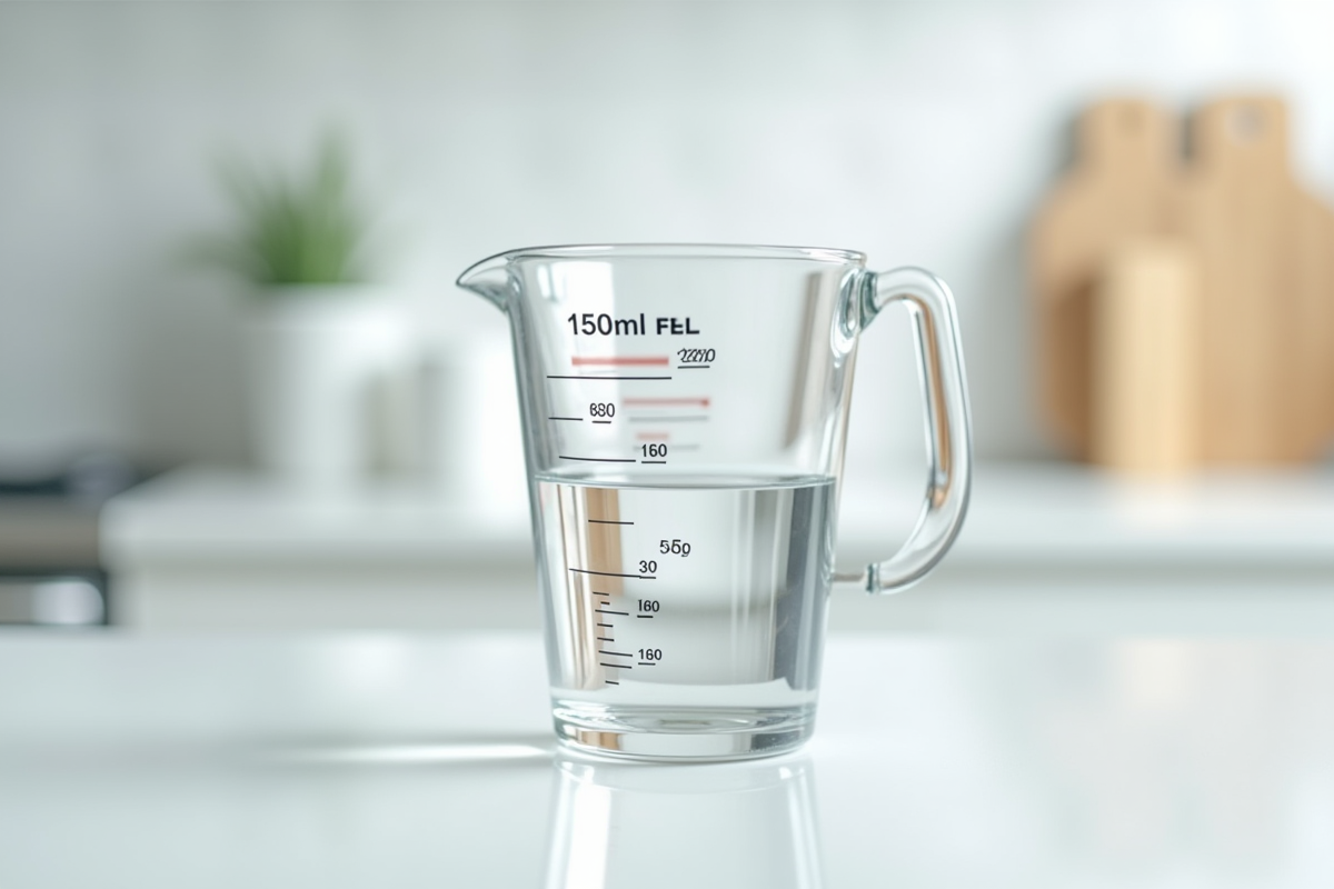 Verre mesure eau de 150 ml sur plan de travail blanc