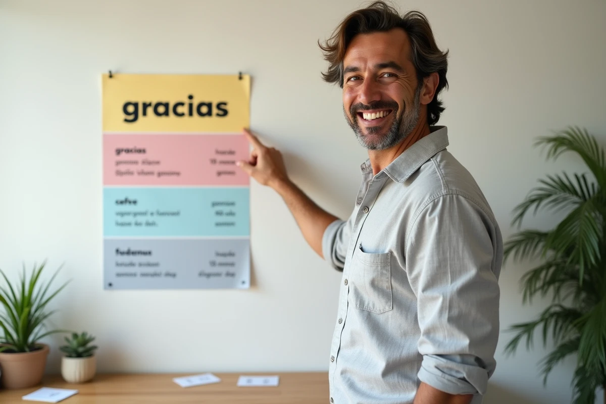 Homme adulte pointant le mot gracias sur une affiche de vocabulaire espagnol chez lui