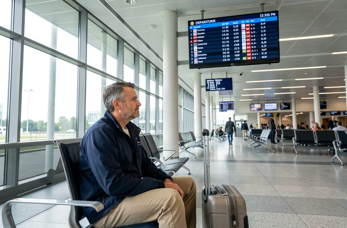 Voyageur assis dans un aéroport regardant un tableau des départs avec des horaires AM et PM