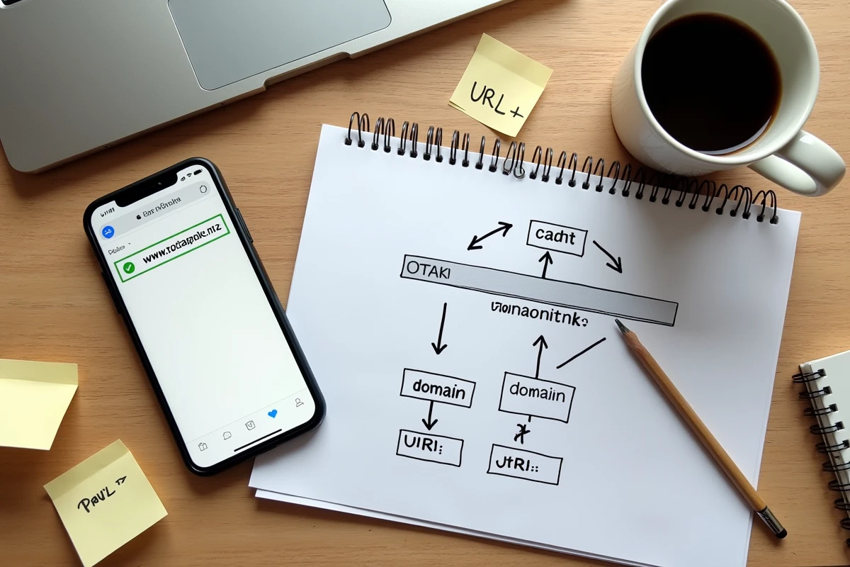 Vue aérienne d'un bureau avec smartphone affichant une redirection web, notes manuscrites et schéma de domaines miroirs