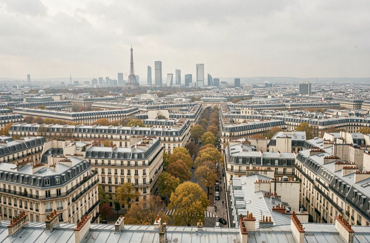 Vue aérienne panoramique de Paris montrant la densité urbaine et les monuments emblématiques comme la Tour Eiffel et La Défense