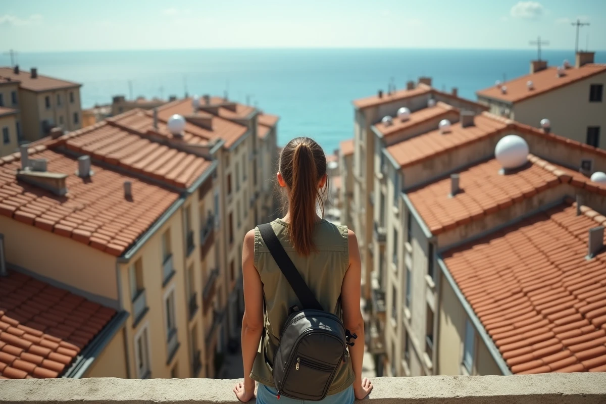 Vue panoramique depuis un toit sur les toits de tuiles d'un quartier dense de Marseille avec la mer Méditerranée en arrière-plan